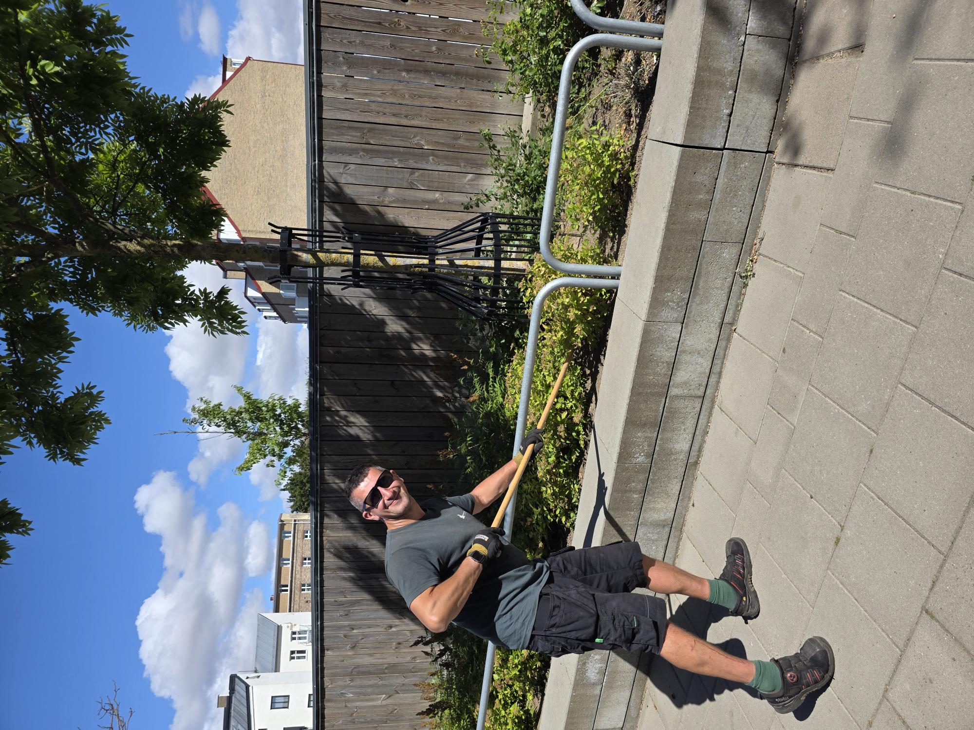 Medarbetare krattar rabatt en solig dag i ett bostadsområde