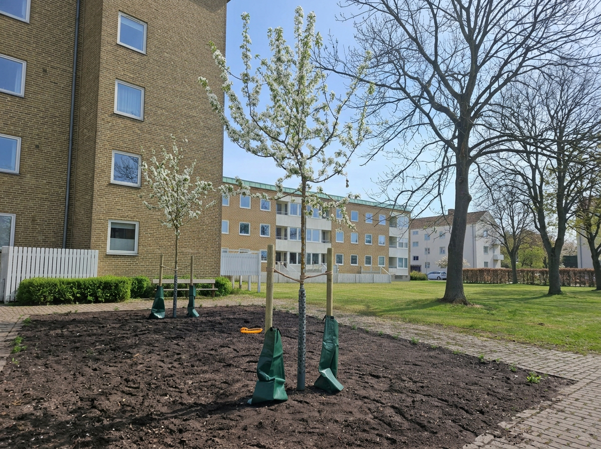 Nyplanterat blommande träd med stöd i en rabatt vid bostadshus